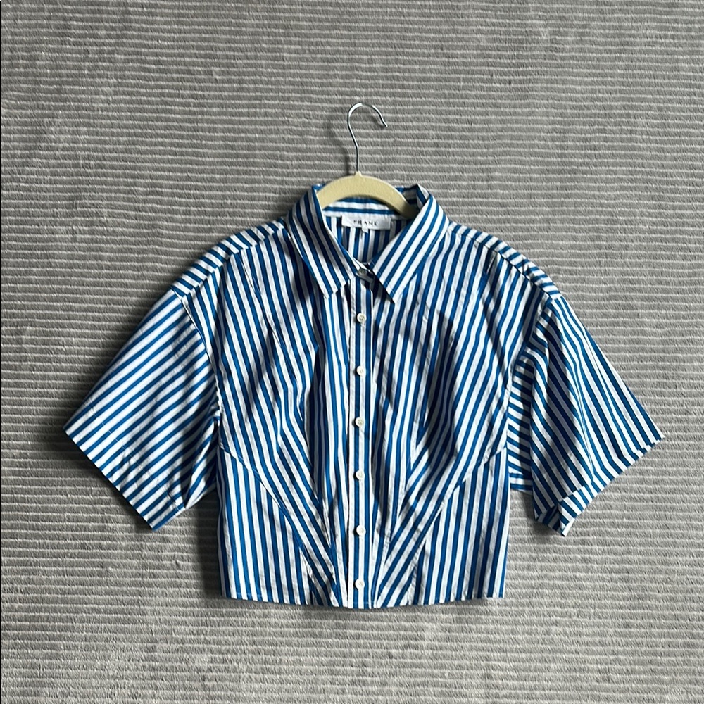 Frame Denim Blue and White Striped Button Down Shirt